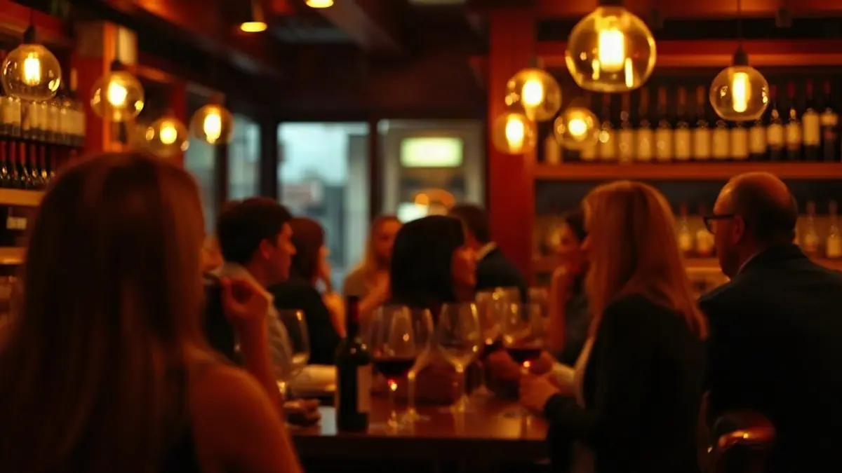 Illustration for a guide on am I coming on too strong: a cozy wine bar with warm lighting and blurred adult patrons in conversation