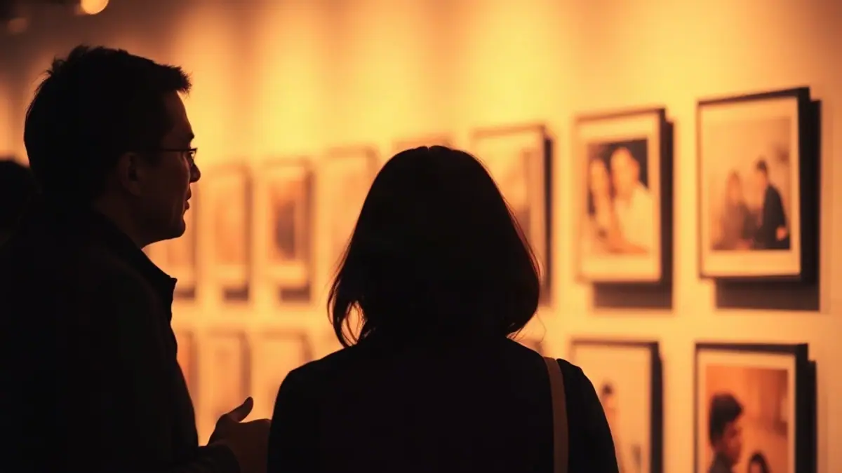 Illustration for a guide on body language signs he likes you: silhouettes of two adults talking at a gallery opening