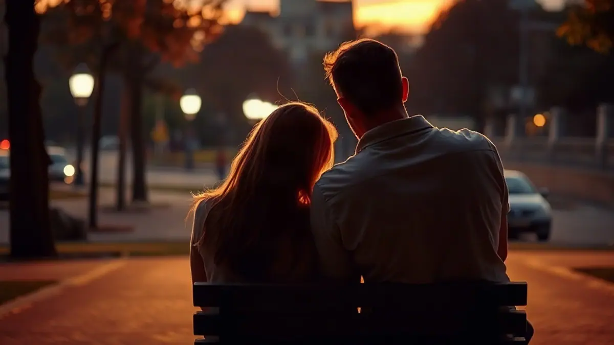 Illustration for a guide on body language signs she likes you: two people seated on a park bench seen from behind