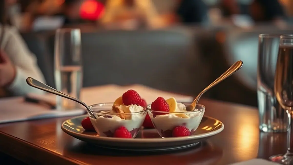 Illustration for a guide on chemistry vs attraction: a shared dessert with two spoons on a restaurant table