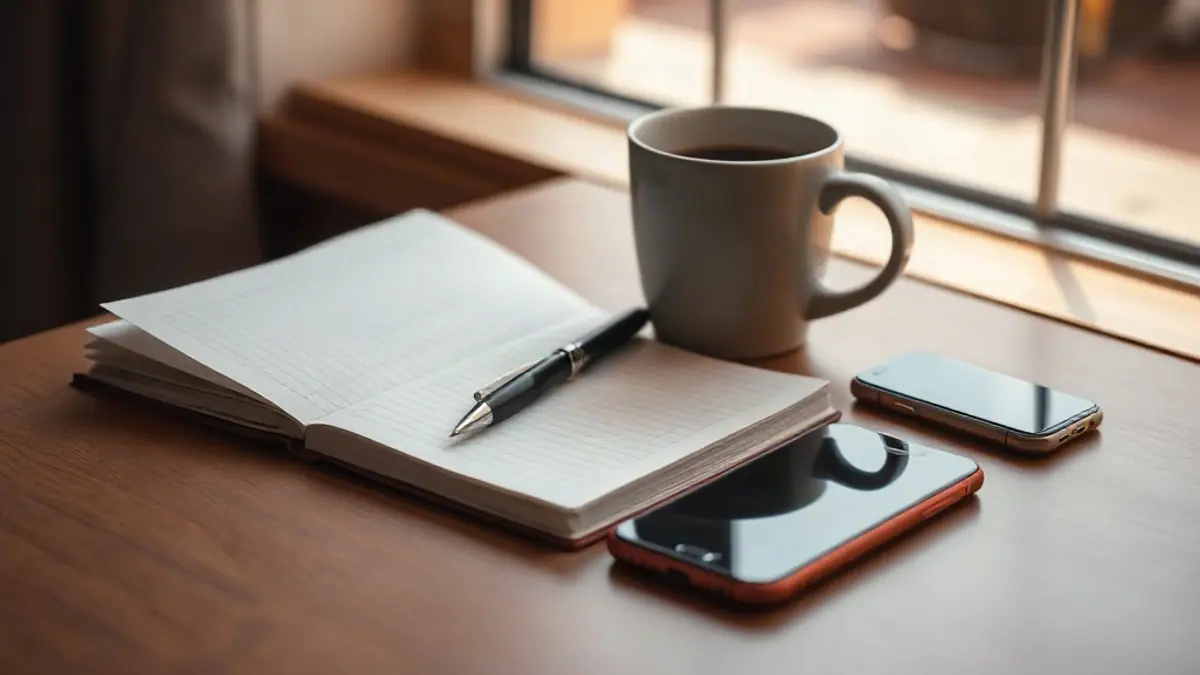 Illustration for a guide on does dry texting mean they don't like you: a notebook with a pen and a coffee cup beside a phone on a table