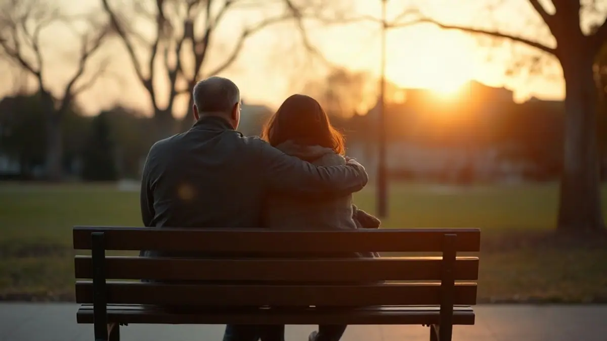 Illustration for a guide on eye contact attraction: two people seated on a park bench seen from behind