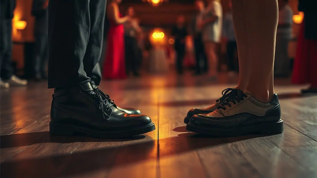 Illustration for a guide on flirting body language: two pairs of shoes facing each other on a wooden floor at an evening event