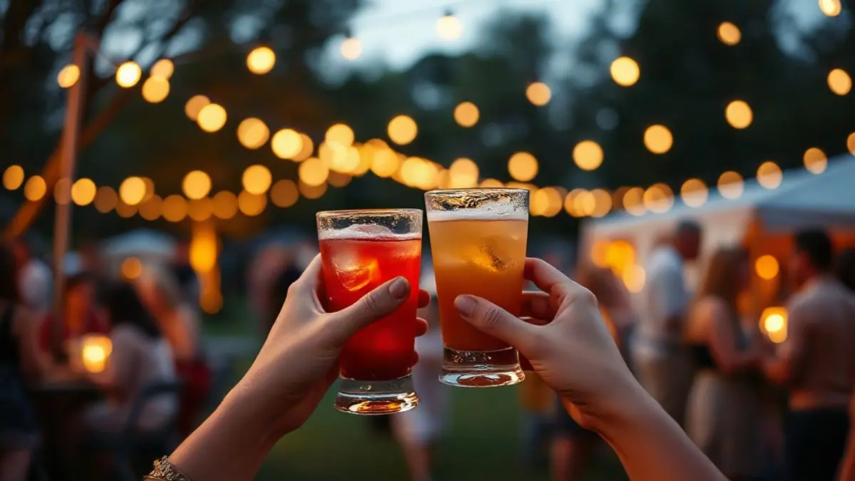 Illustration for a guide on flirting mistakes: two people’s hands holding drinks at a garden party with string lights