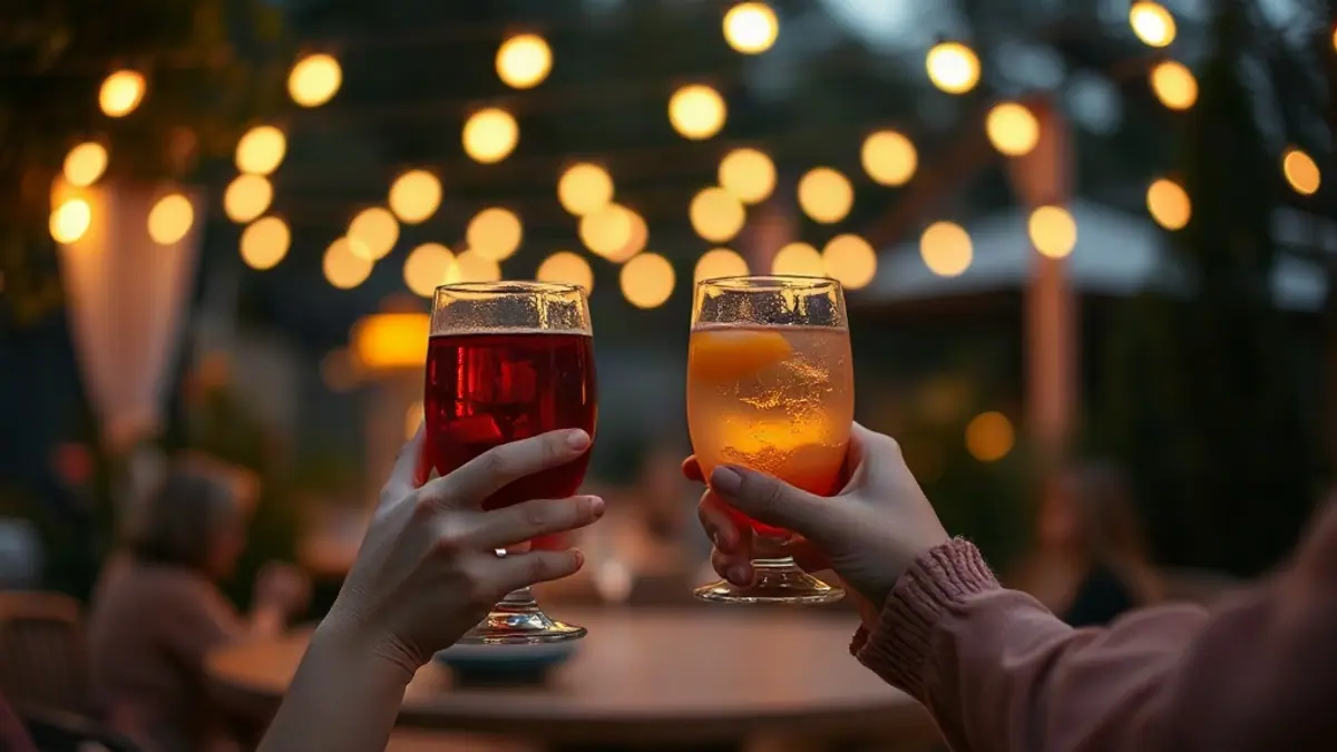 Illustration for a guide on flirting tips for men: two people’s hands holding drinks at a garden party with string lights
