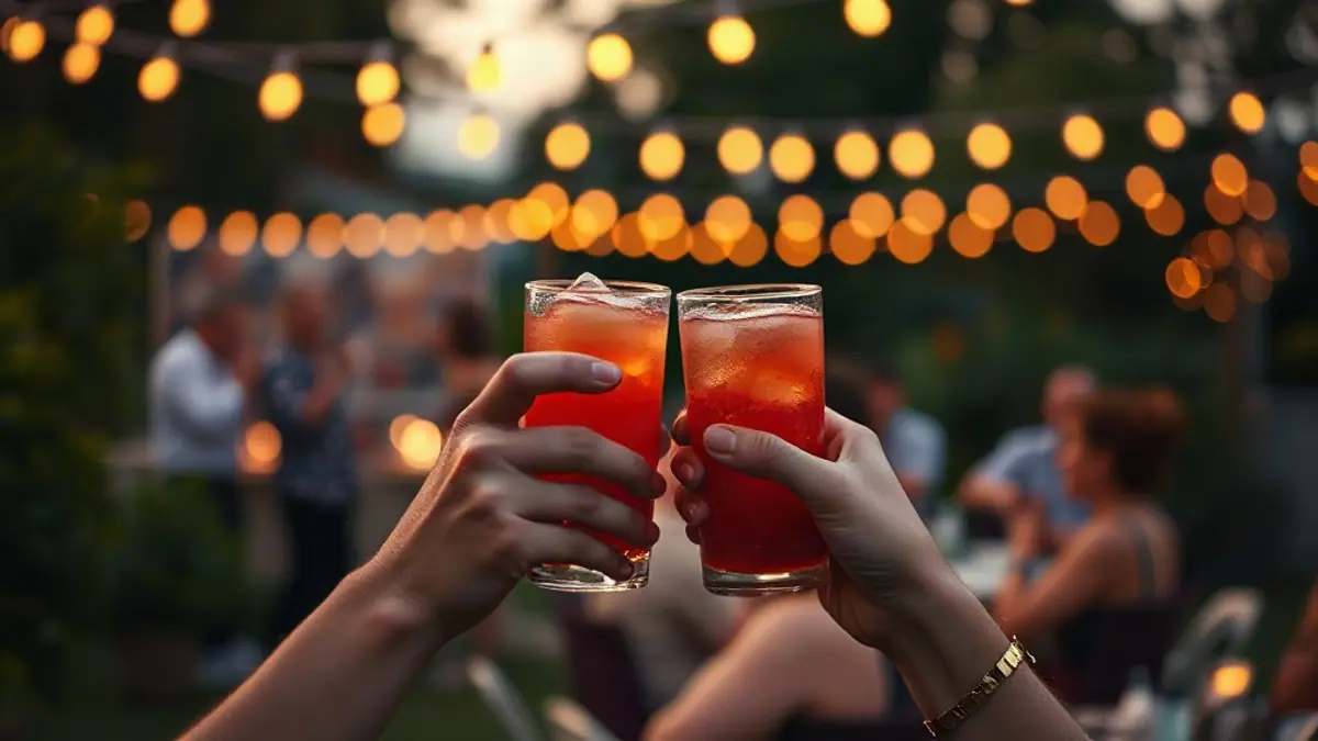 Illustration for a guide on flirting tips for women: two people’s hands holding drinks at a garden party with string lights