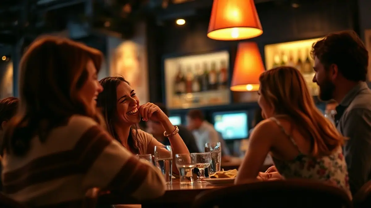 Illustration for a guide on flirting vs friendly: a group of adult friends laughing around a table at a bar