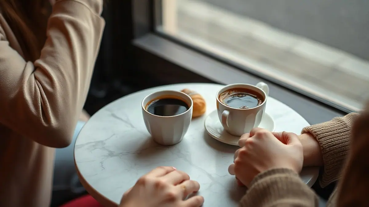 Illustration for a guide on flirty banter: two coffee cups and a shared pastry on a small marble café table