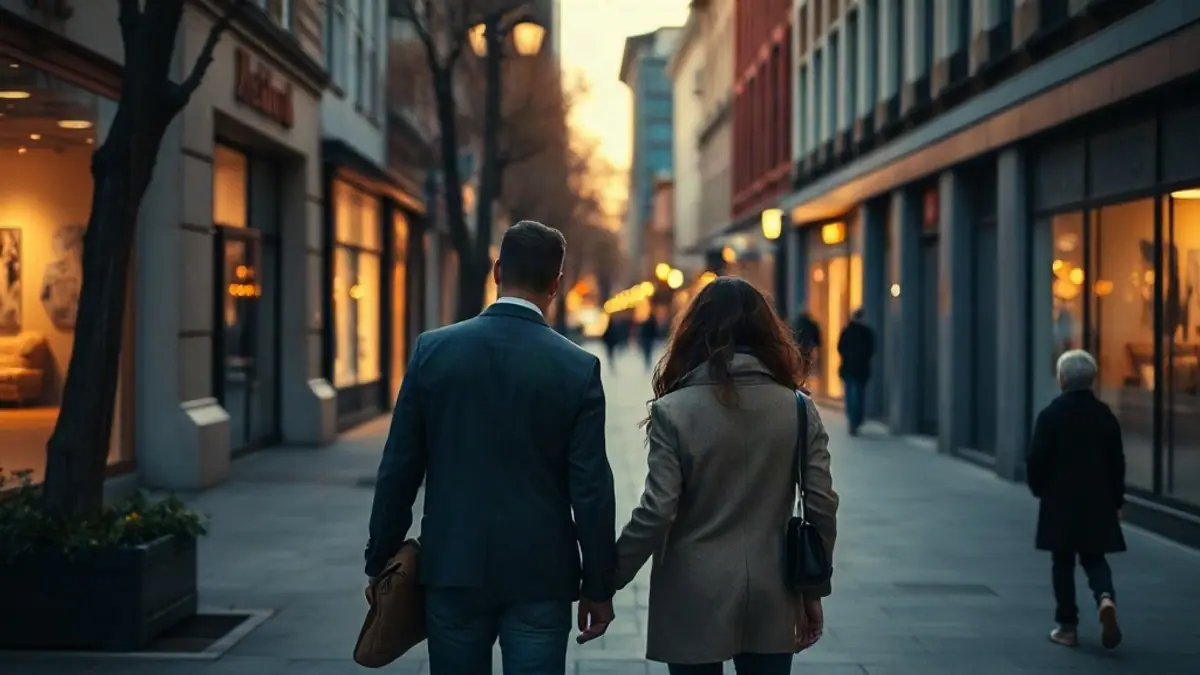 Illustration for a guide on flirty compliments: two people walking side by side on an autumn city sidewalk seen from behind