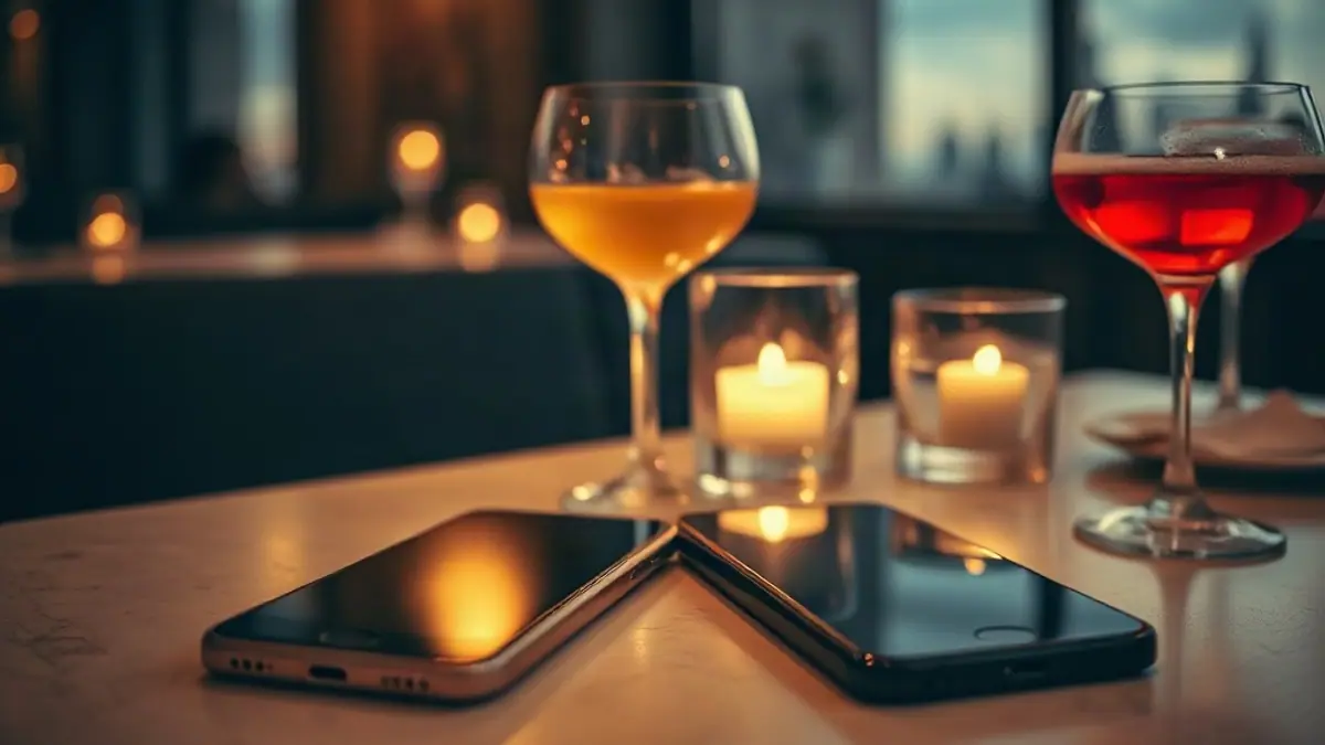 Illustration for a guide on flirty emojis: two phones lying side by side on a restaurant table next to cocktail glasses