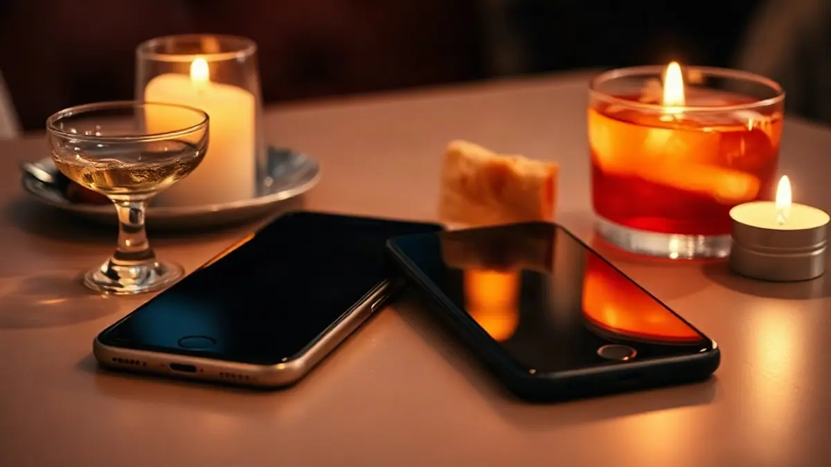Illustration for a guide on flirty good morning texts: two phones lying side by side on a restaurant table next to cocktail glasses