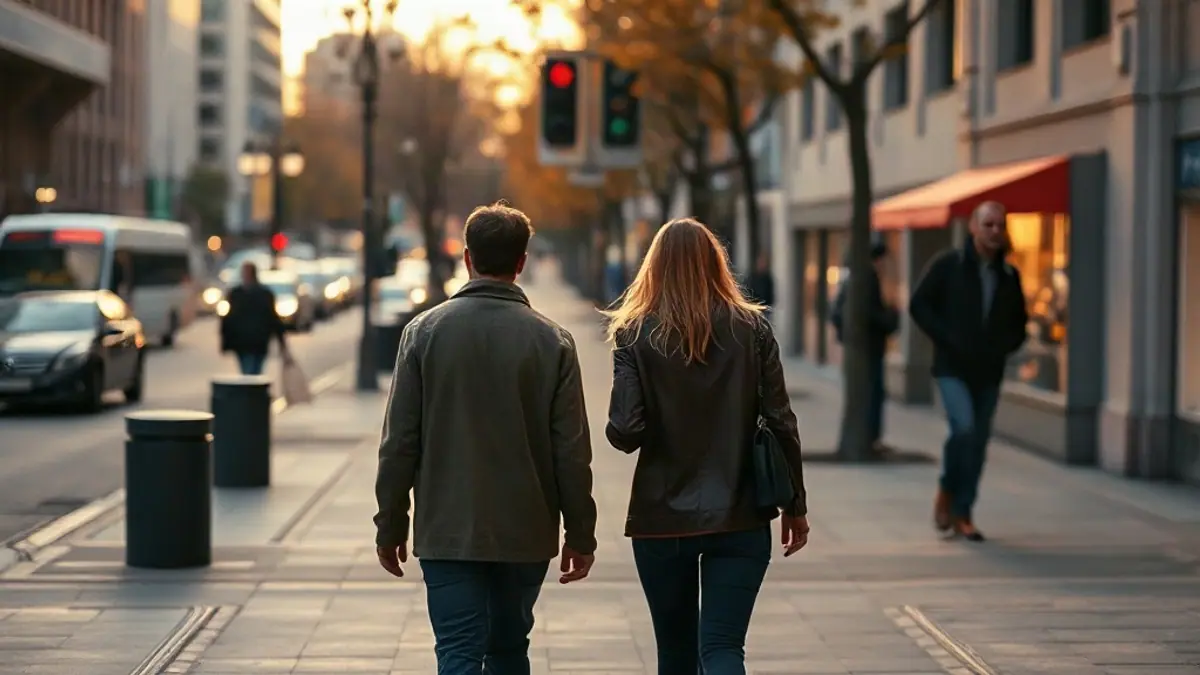 Illustration for a guide on flirty questions: two people walking side by side on an autumn city sidewalk seen from behind