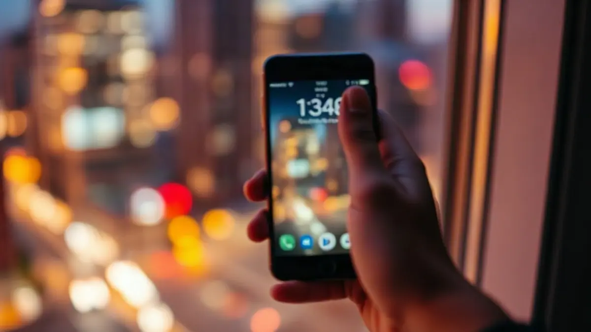 Illustration for a guide on flirty text generator: a hand holding a phone near a window at dusk