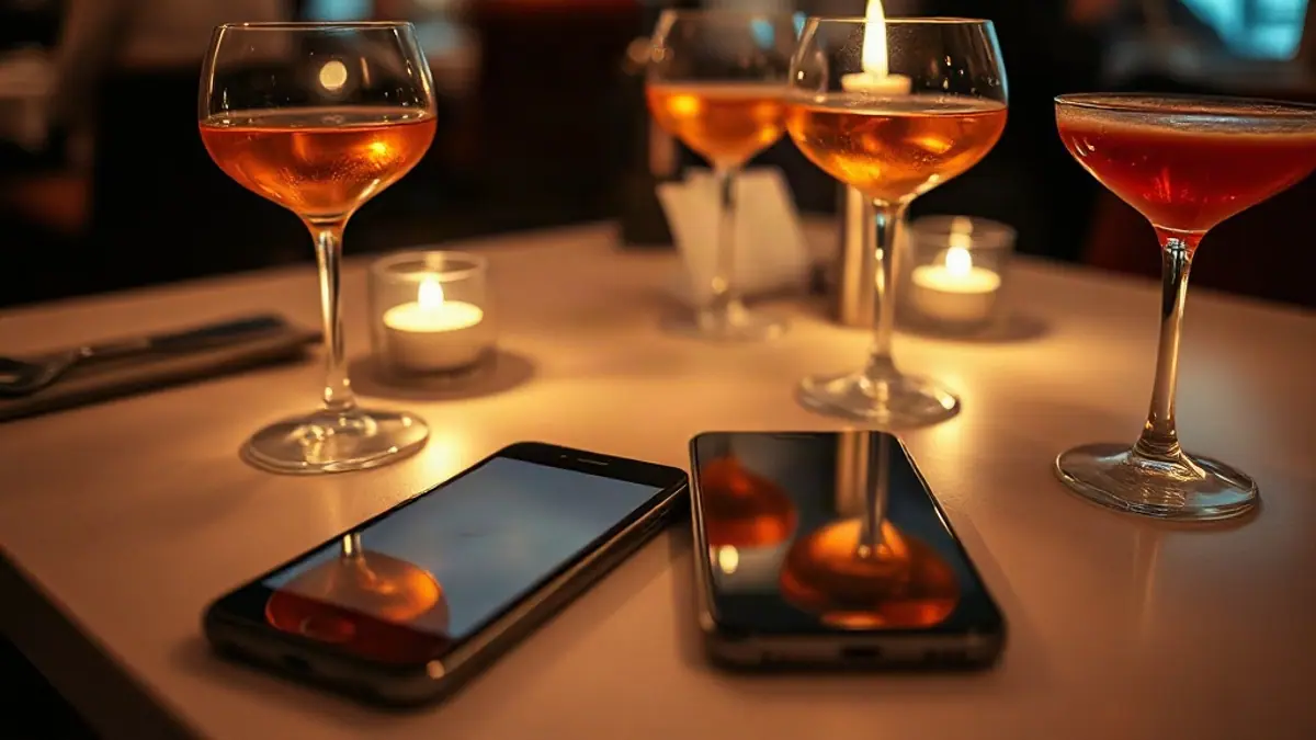 Illustration for a guide on how often should I text someone I like: two phones lying side by side on a restaurant table next to cocktail glasses