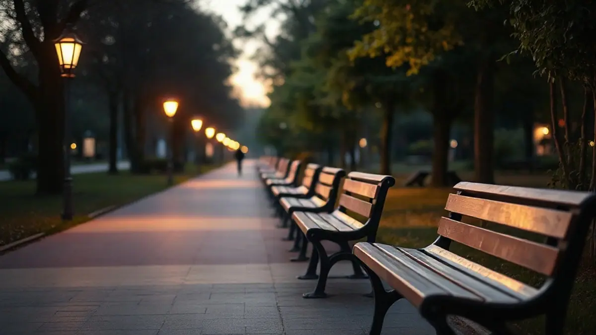 Illustration for a guide on how to approach someone respectfully: a calm city park path at dusk with benches and soft lamp light