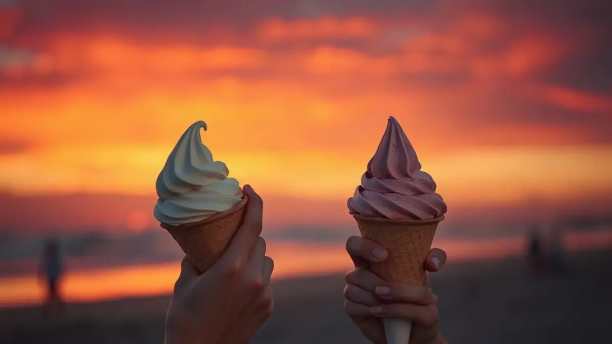 Illustration for a guide on how to ask for someone's number: two scoops of ice cream in cones held up against a sunset beach sky