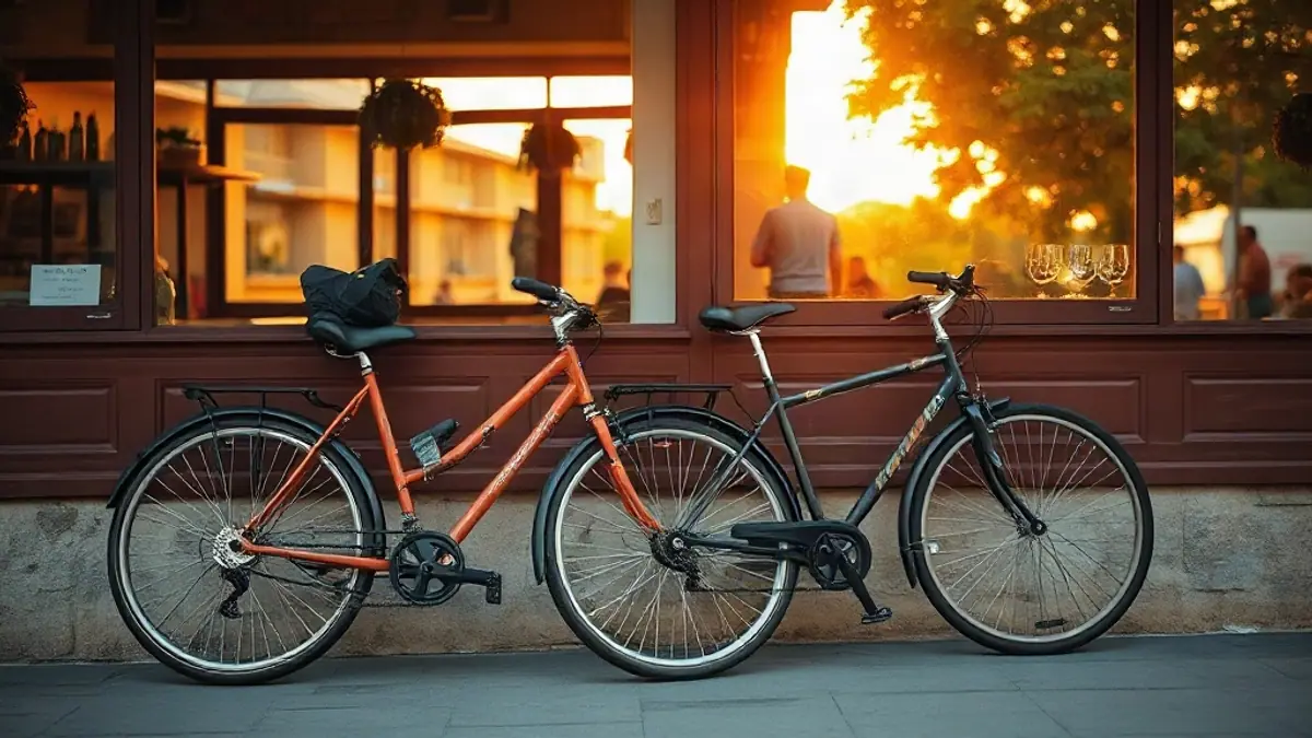 Illustration for a guide on how to ask someone out over text: two bicycles leaning together against a café wall at golden hour