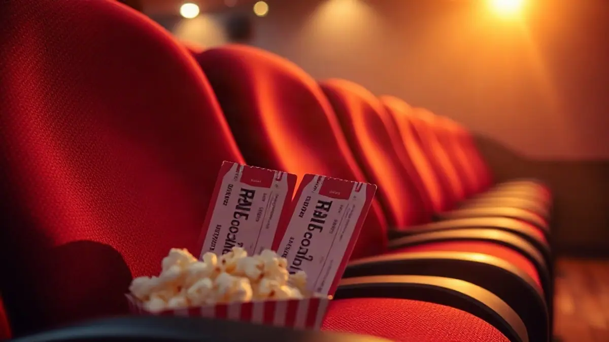Illustration for a guide on how to ask someone out: two movie tickets and popcorn on a velvet seat