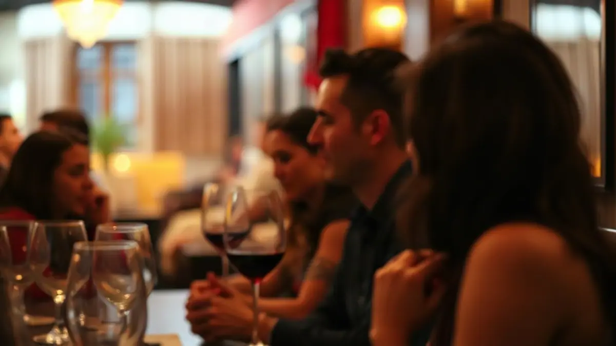 Illustration for a guide on how to be more flirty: a cozy wine bar with warm lighting and blurred adult patrons in conversation