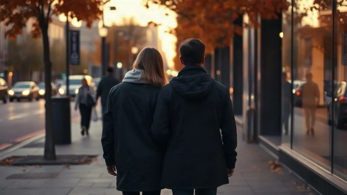 Illustration for a guide on how to be playful in conversation: two people walking side by side on an autumn city sidewalk seen from behind