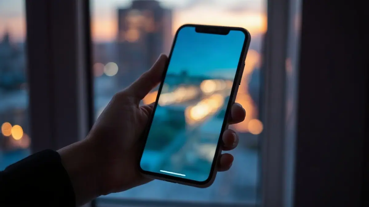 Illustration for a guide on how to build attraction over text: a hand holding a phone near a window at dusk