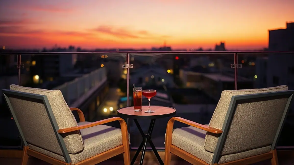 Illustration for a guide on how to create a spark with someone: two chairs angled toward each other on a balcony at sunset with two drinks on a small table