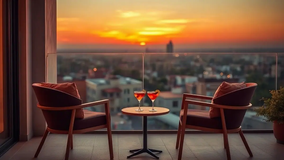 Illustration for a guide on how to create attraction: two chairs angled toward each other on a balcony at sunset with two drinks on a small table