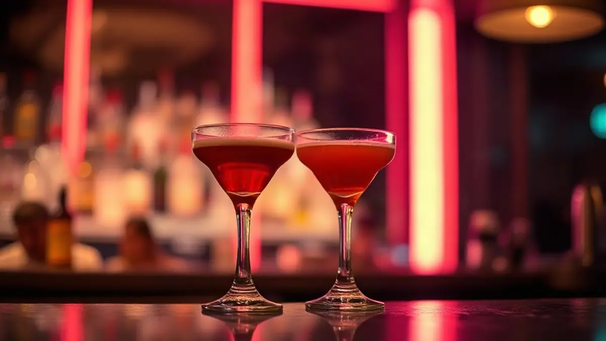 Illustration for a guide on how to create chemistry: two cocktail glasses on a dim jazz bar counter with soft coral neon glow