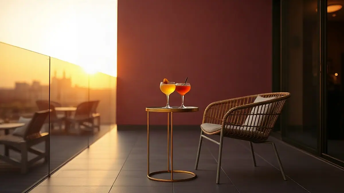 Illustration for a guide on how to create sexual tension: two chairs angled toward each other on a balcony at sunset with two drinks on a small table