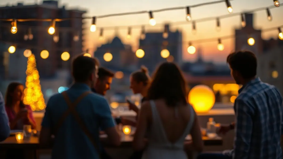 Illustration for a guide on how to flirt at a party: a lively rooftop party scene with string lights