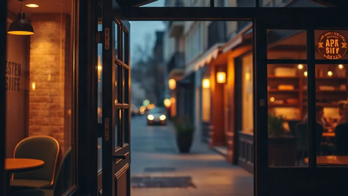 Illustration for a guide on how to flirt at the gym: an open café door with warm light spilling onto a quiet evening street