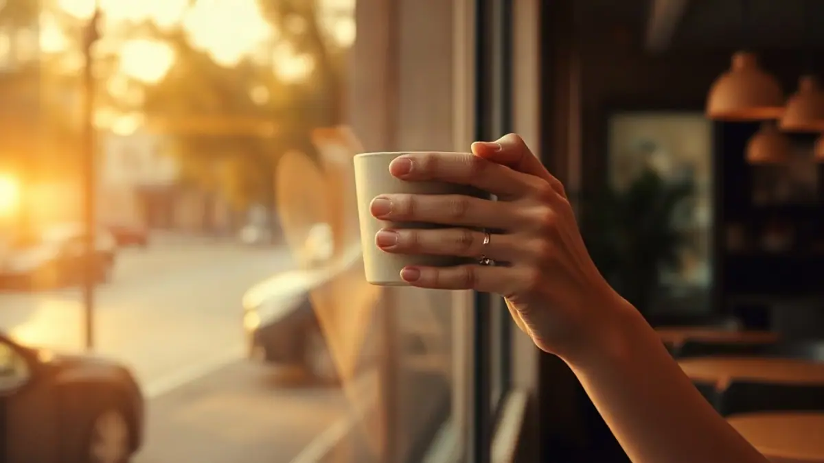 Illustration for a guide on how to flirt confidently: a hand holding a coffee cup while standing at a bright café window