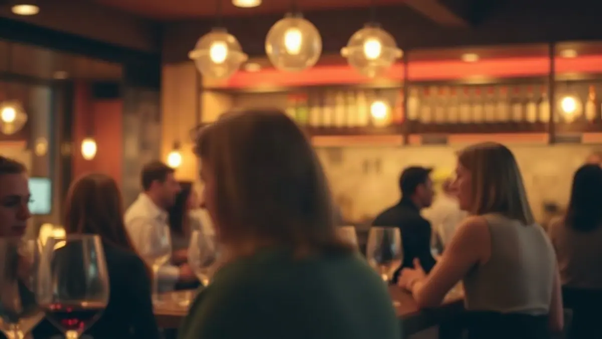 Illustration for a guide on how to flirt directly: a cozy wine bar with warm lighting and blurred adult patrons in conversation