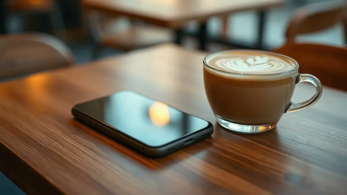 Illustration for a guide on how to flirt in DMs: a smartphone face-up on a wooden café table beside a latte with foam art