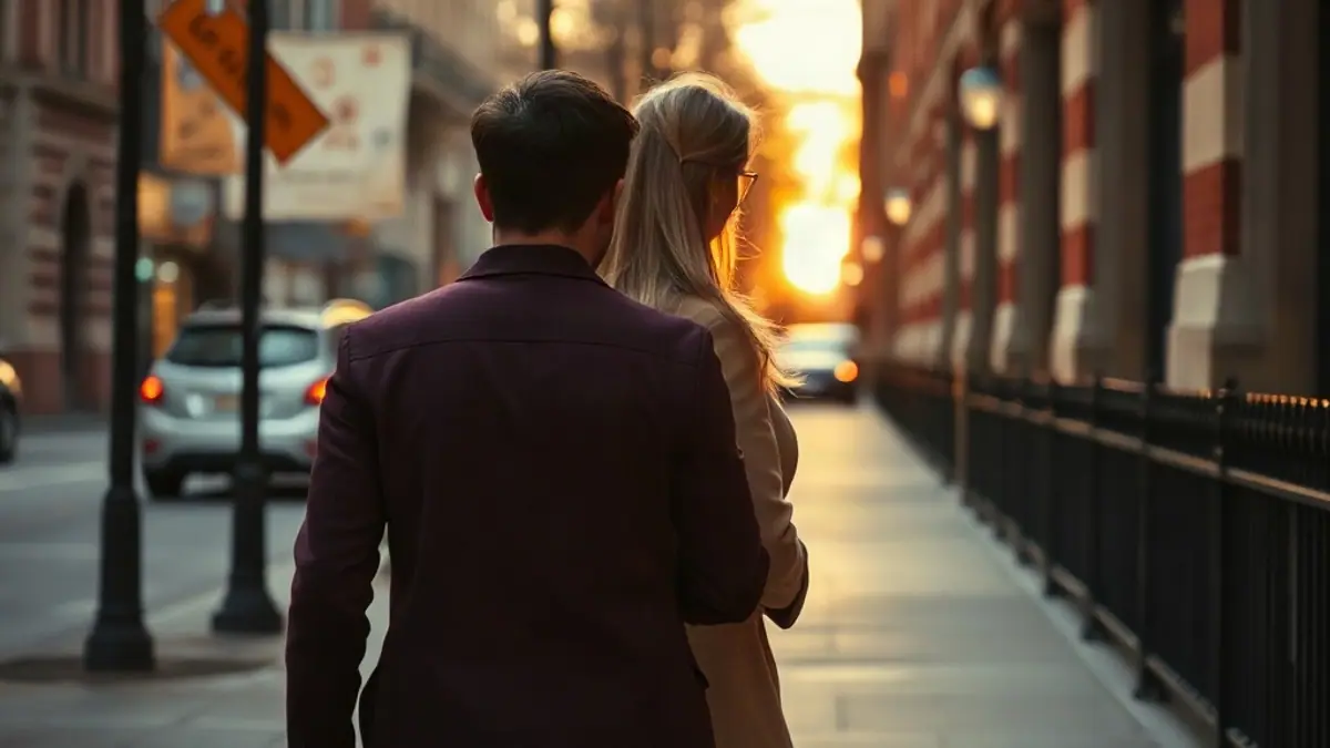 Illustration for a guide on how to flirt in person: two people walking side by side on an autumn city sidewalk seen from behind