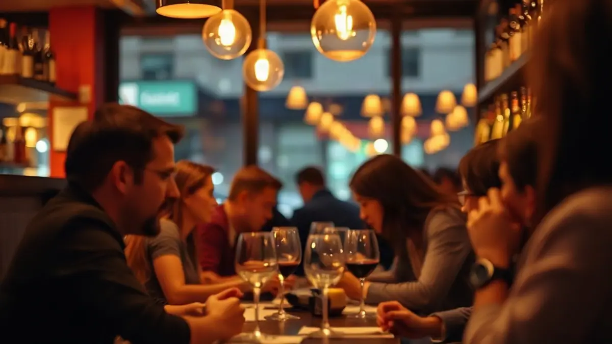 Illustration for a guide on how to flirt naturally: a cozy wine bar with warm lighting and blurred adult patrons in conversation