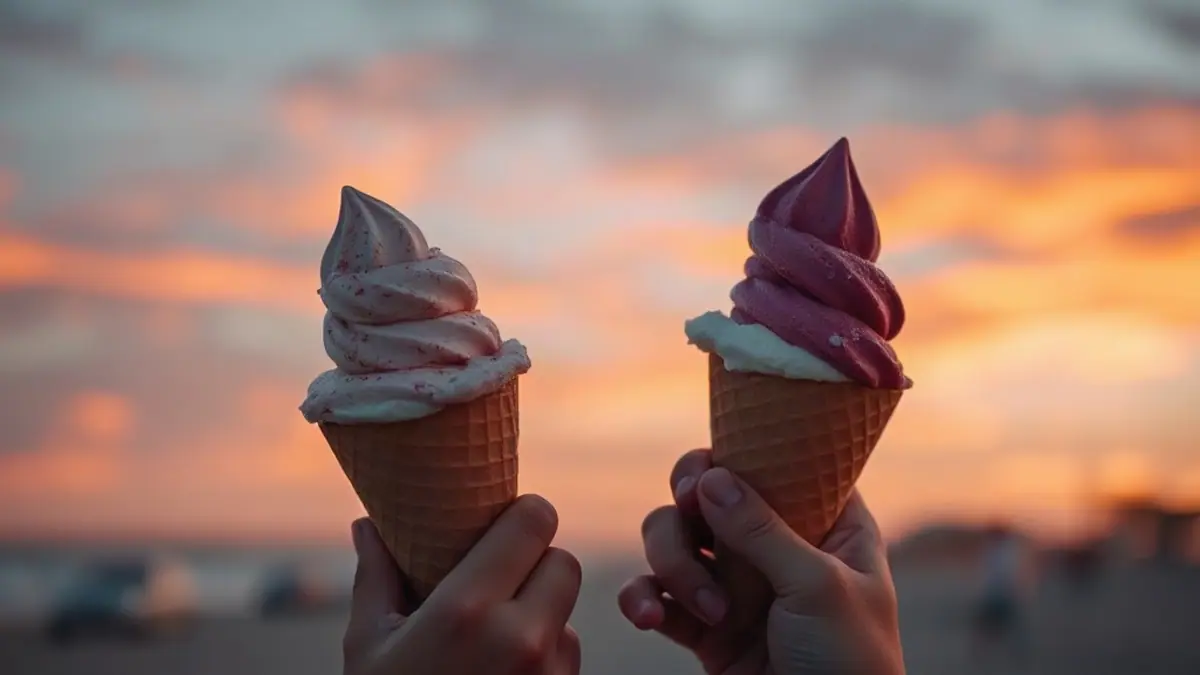Illustration for a guide on how to flirt on a first date: two scoops of ice cream in cones held up against a sunset beach sky