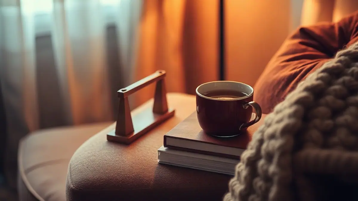 Illustration for a guide on how to flirt on the phone: a phone resting on a stack of books next to a cup of tea on a cozy sofa arm