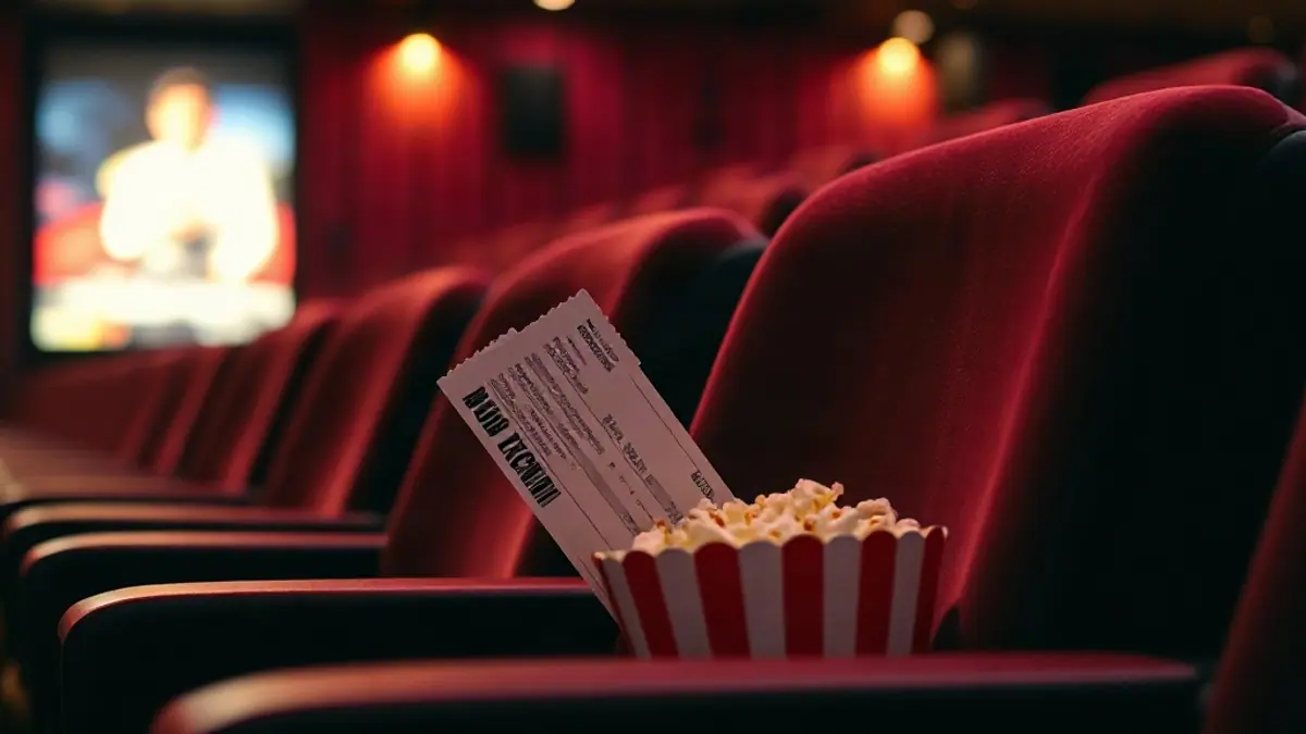 Illustration for a guide on how to flirt when you both like each other: two movie tickets and popcorn on a velvet seat