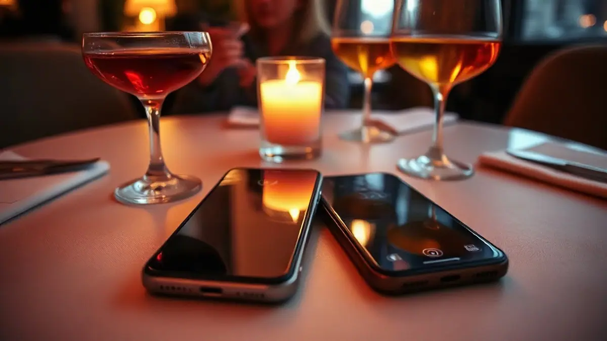 Illustration for a guide on how to flirt with a guy over text: two phones lying side by side on a restaurant table next to cocktail glasses