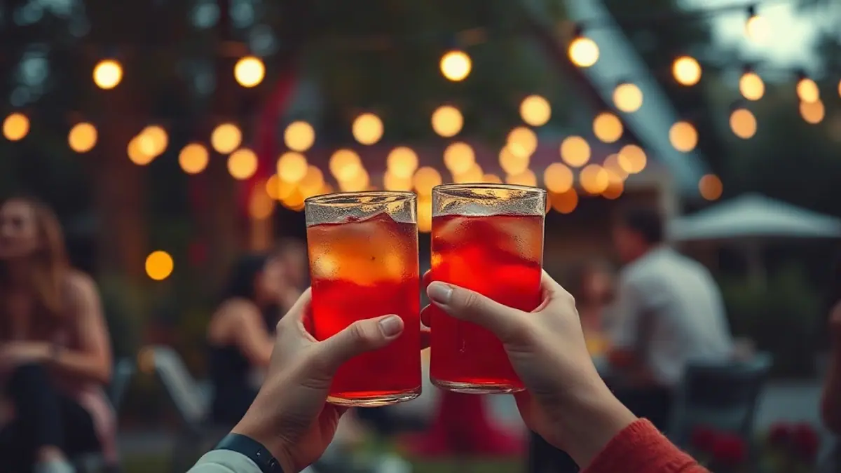 Illustration for a guide on how to flirt with a guy: two people’s hands holding drinks at a garden party with string lights