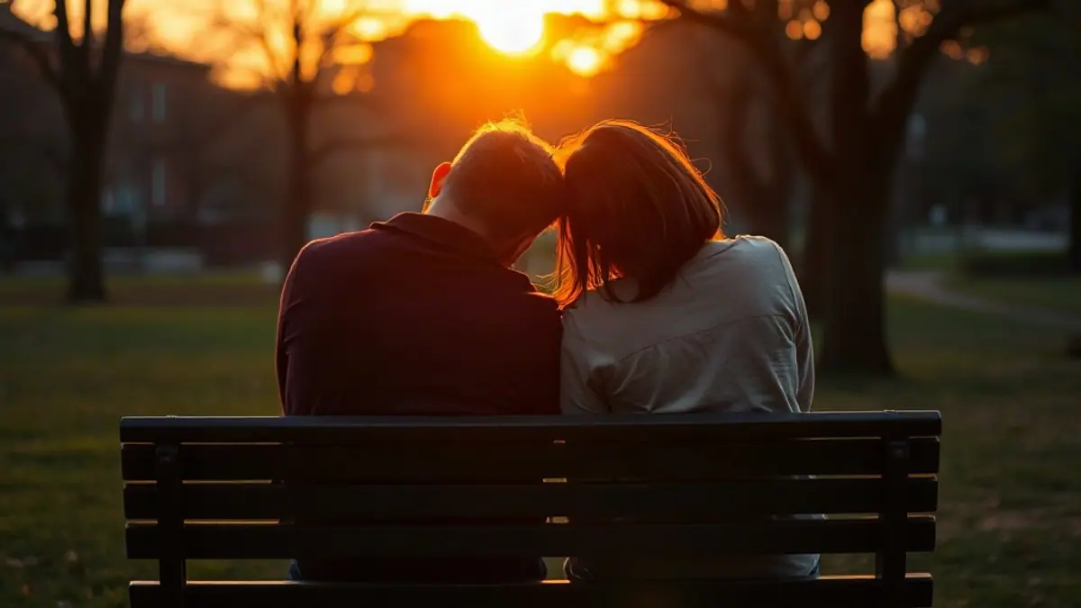 Illustration for a guide on how to flirt with eye contact: two people seated on a park bench seen from behind