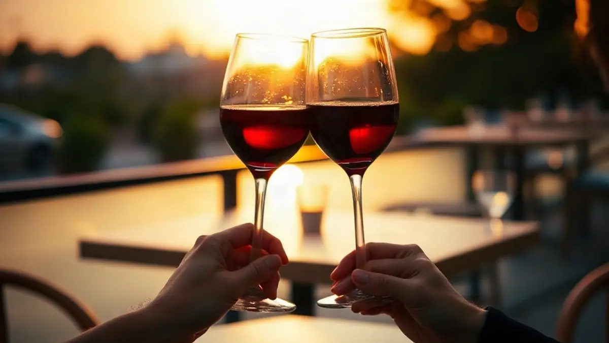 Illustration for a guide on how to flirt with someone you just met: two wine glasses clinking softly above a bistro table at golden hour