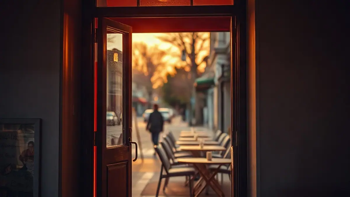 Illustration for a guide on how to flirt without being creepy: an open café door with warm light spilling onto a quiet evening street