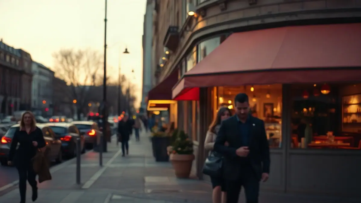 Illustration for a guide on how to flirt: an elegant evening city street with a lit restaurant window and couples walking in soft focus