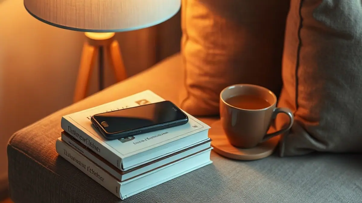 Illustration for a guide on how to have a flirty conversation over text: a phone resting on a stack of books next to a cup of tea on a cozy sofa arm