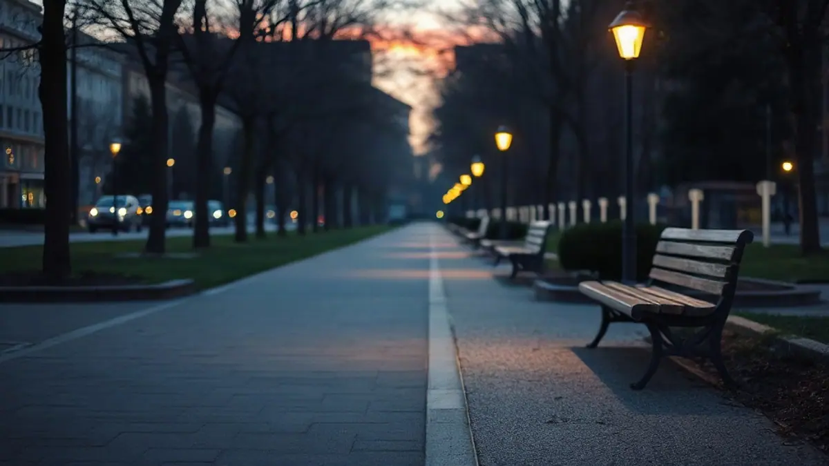 Illustration for a guide on how to know if flirting is welcome: a calm city park path at dusk with benches and soft lamp light