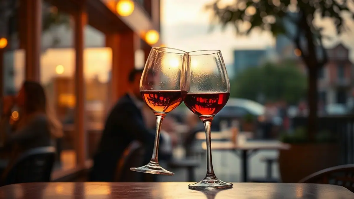Illustration for a guide on how to make conversation flirty: two wine glasses clinking softly above a bistro table at golden hour