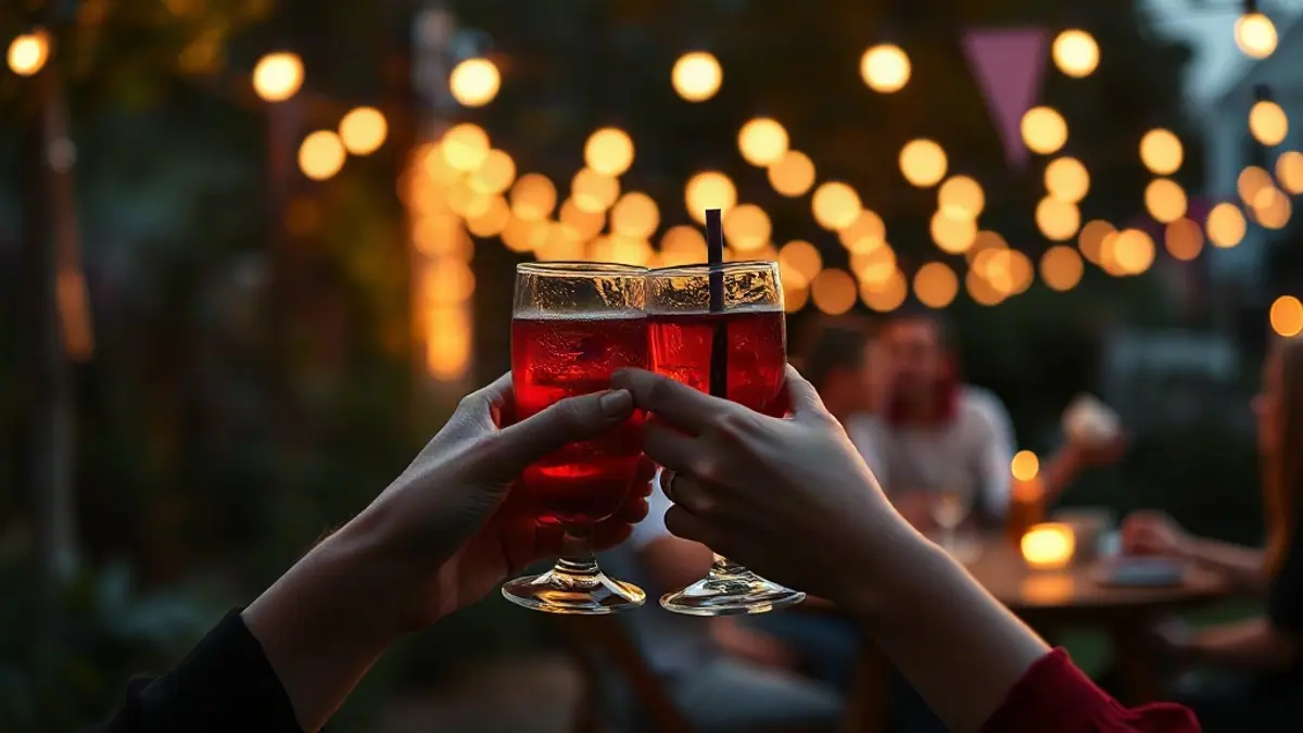 Illustration for a guide on how to make flirting more obvious: two people’s hands holding drinks at a garden party with string lights
