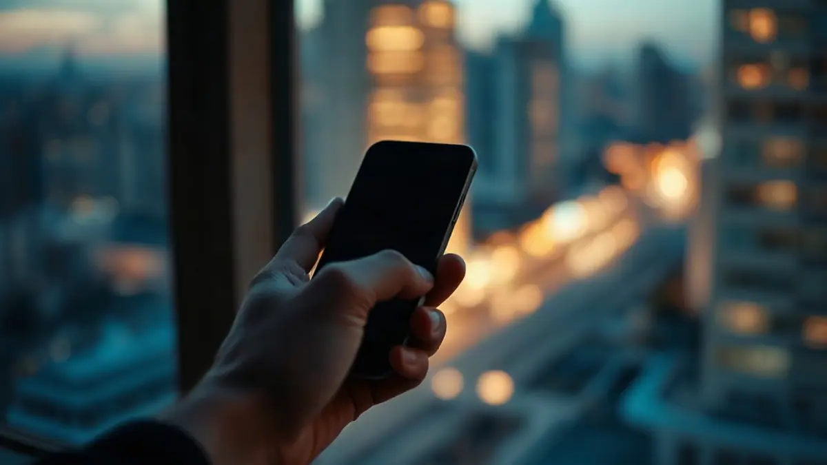 Illustration for a guide on how to recover from an awkward text: a hand holding a phone near a window at dusk